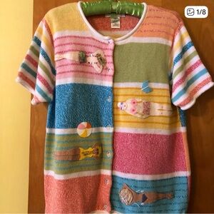 Susan Bristol Colorful Striped, Bathing Beauties Cardigan with Appliqué